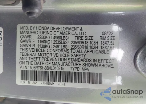2022 Honda Cr-V Hybrid Ex-L z USA, uszkodzony, nr VIN 5J6RT6H88NL046915